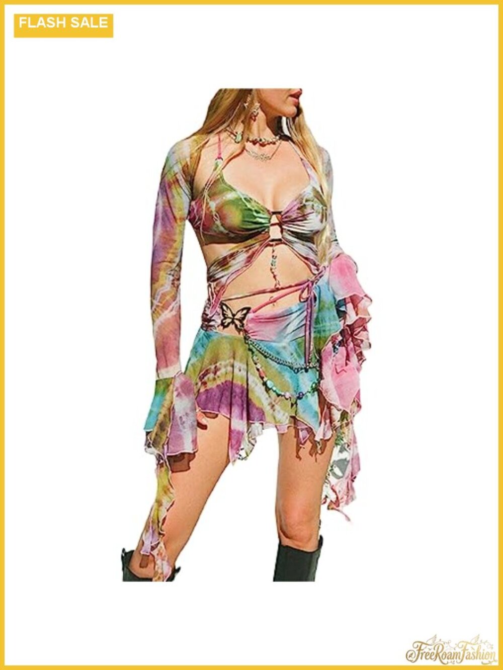 Y2K 3 Piece Skirt Outfit Women Butterfly Backless Crop Top Wrap Mini Skirt Set